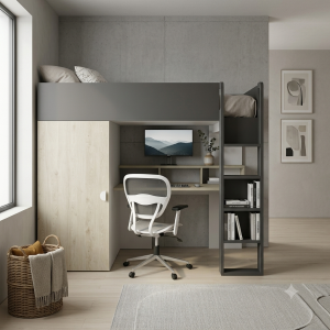 Cama Alta Juvenil con Escritorio y Armario | Muebles Sari