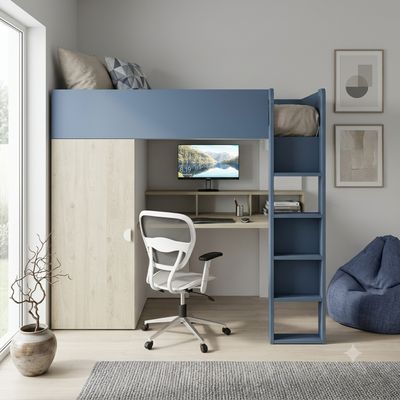 Cama Alta Juvenil Azul con Escritorio y Armario | Muebles Sari