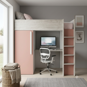 Cama Alta Juvenil con Escritorio y Armario | Madera y Rosa | Muebles Sari