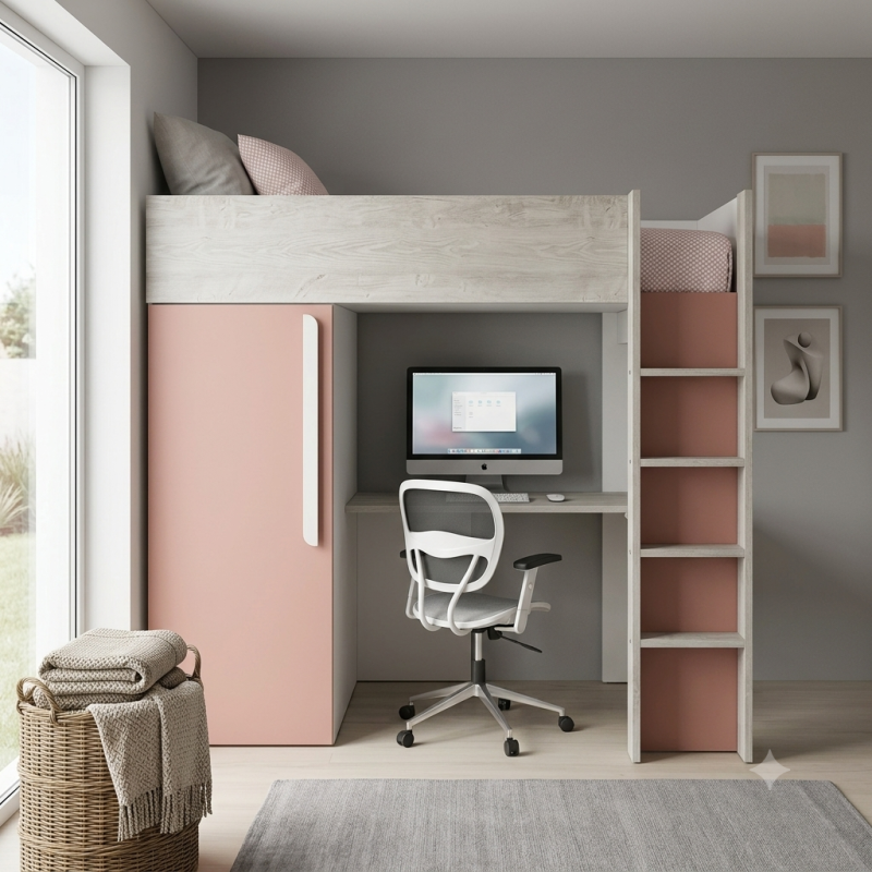 Cama Alta Juvenil con Escritorio y Armario | Madera y Rosa | Muebles Sari