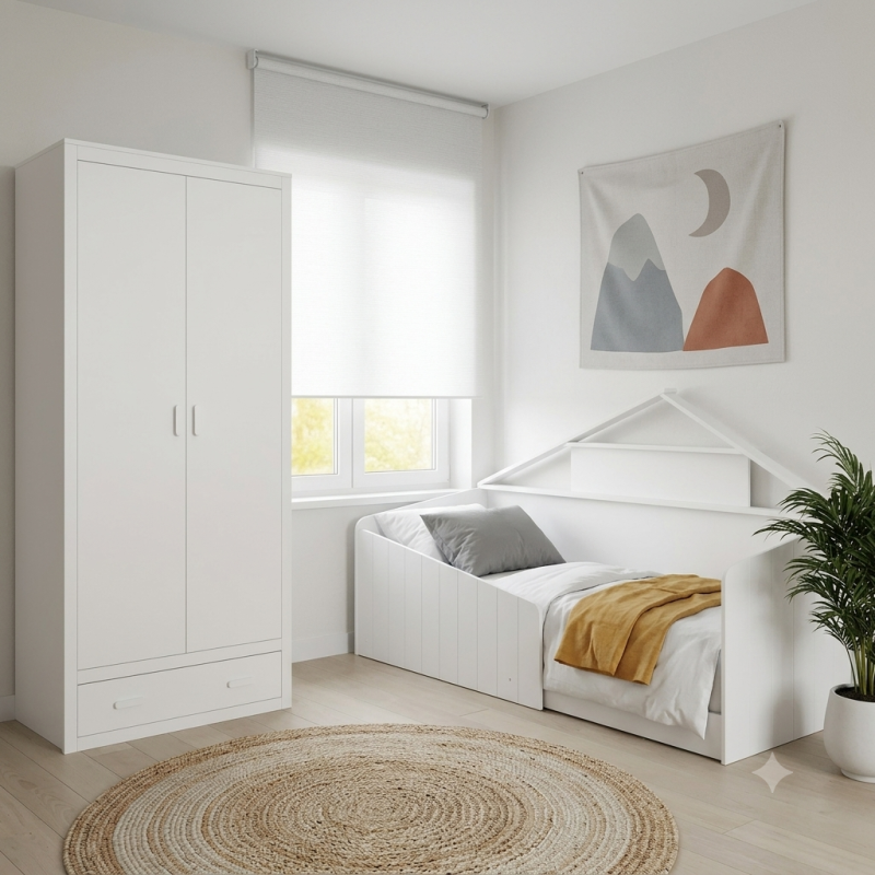 Conjunto Infantil: Cama Casita y Armario | Estilo Minimalista | Muebles Sari