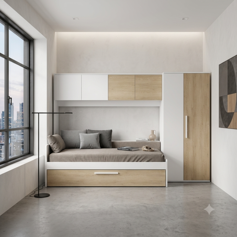 Dormitorio Compacto con Cama y Armario Integrado | Diseño Moderno