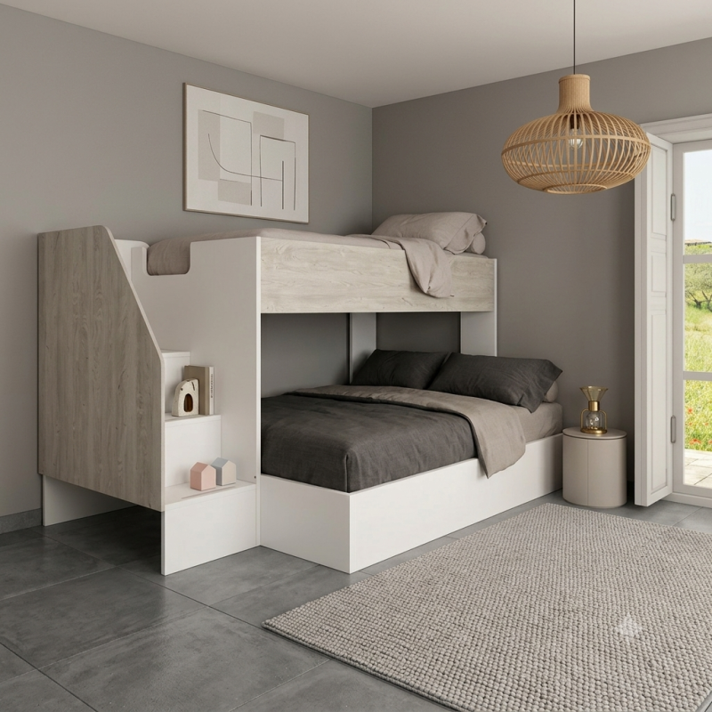 Litera Juvenil Minimalista en Roble y Blanco | Diseño Nórdico Moderno