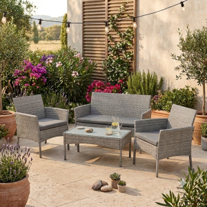 Set Muebles Jardín 4 Piezas: 2 Sillones, Sofá y Mesa | Gris