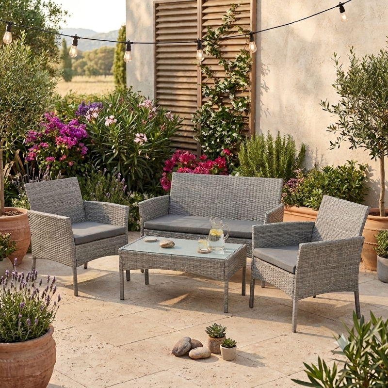 Set Muebles Jardín 4 Piezas: 2 Sillones, Sofá y Mesa | Gris