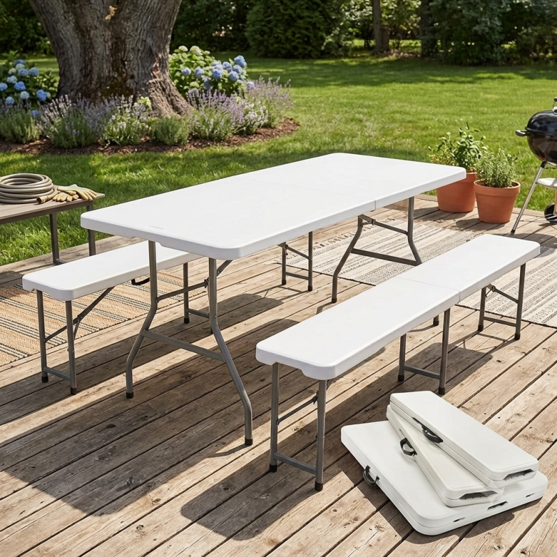 Set de Mesa y Bancos Plegables - Resistente y Portátil | Muebles Sari