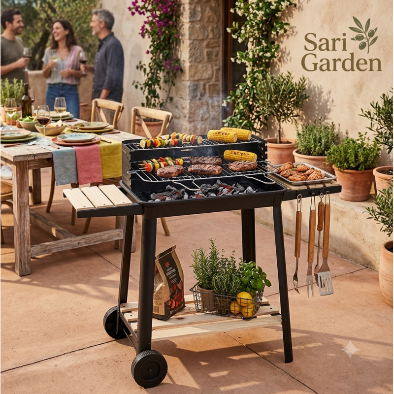 Barbacoa de Carbón Sari Garden: Mesas Laterales y Balda Madera
