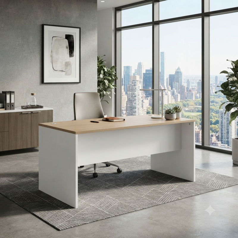 Mesa de Oficina Blanca y Roble con Pasacables | Sari