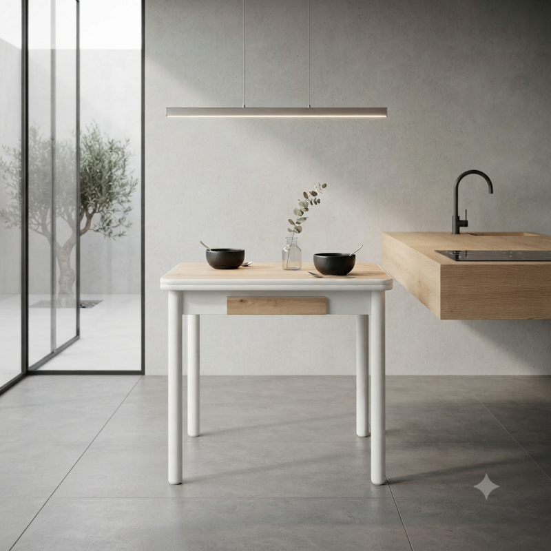 Mesa de Cocina Extensible Blanco y Roble | Muebles Sari