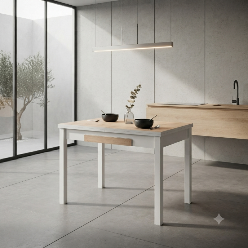 Mesa Cocina Extensible 100/160 cm con Cajón Blanco y Roble | Muebles Sari