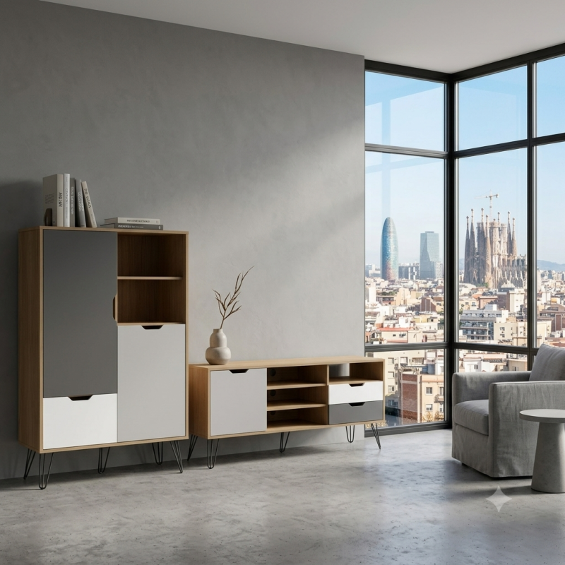 Mueble TV y Vitrina Nórdica Roble Blanco-Gris | Mobles Sari