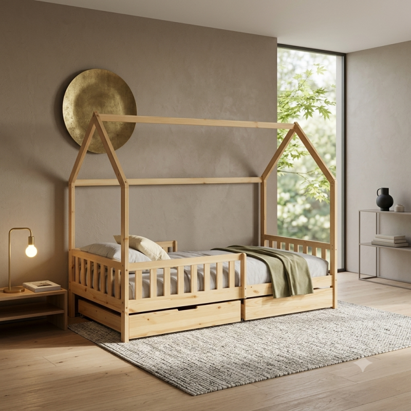 Cama Montessori Casita de Madera con Cajones | Cama Infantil con Barrera