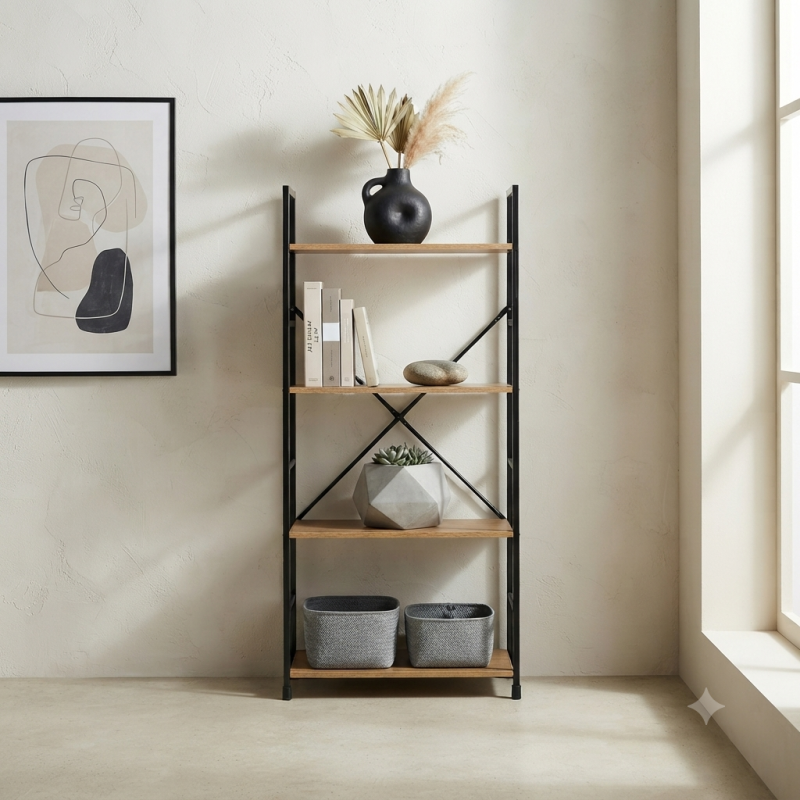 Estantería Industrial de Metal Negro y Madera con 4 Baldas | Muebles Sari