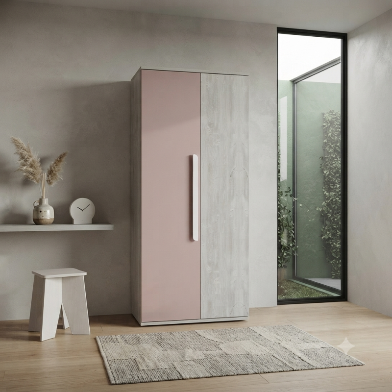 Armario 2 Puertas Rosa y Cemento con Tirador | Muebles Sari