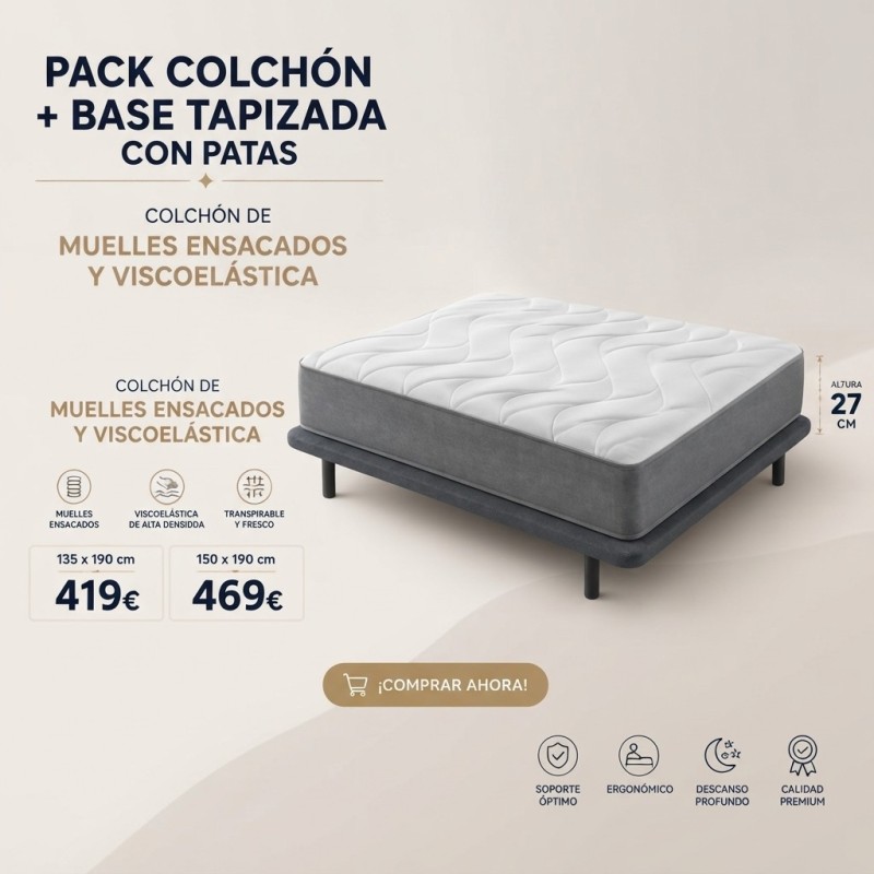 Pack Colchón Muelles Ensacados y Viscoelástica + Base Tapizada | Desde 419€